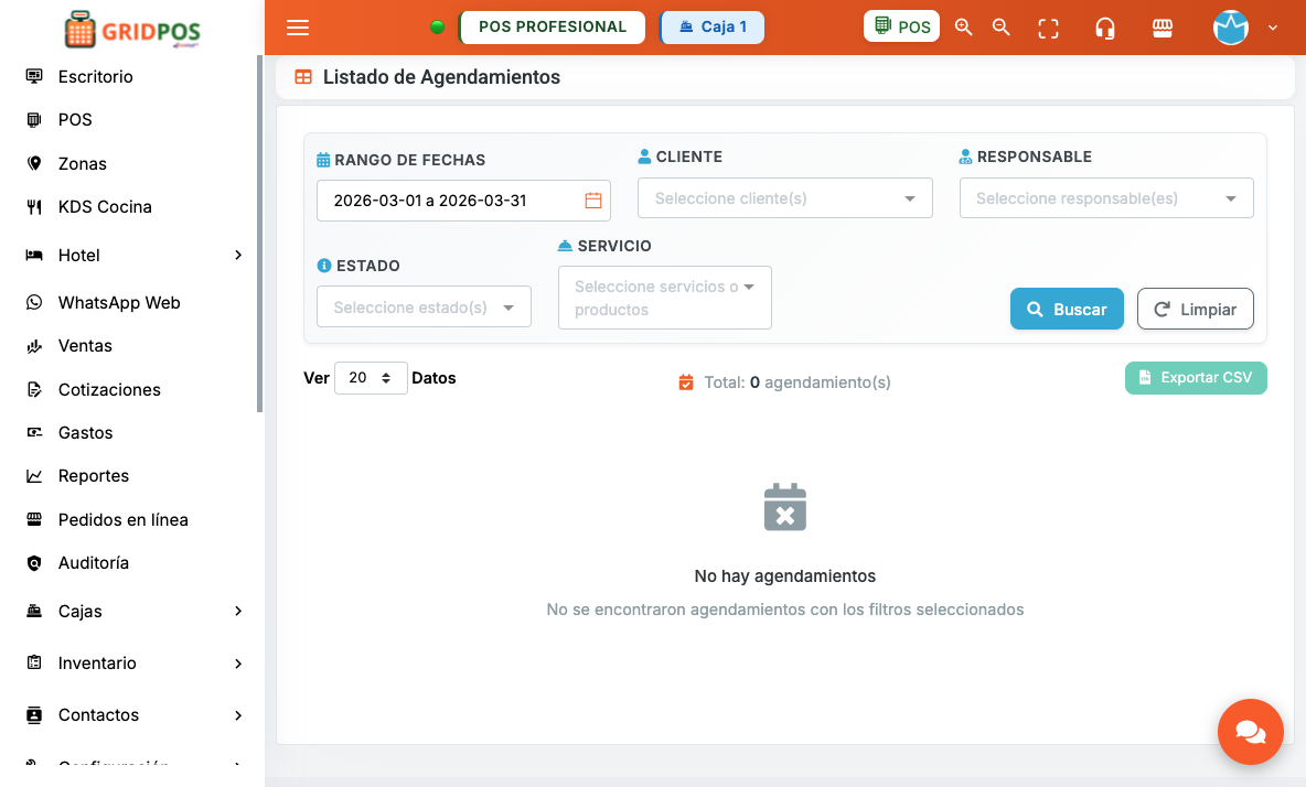 Listado de agendamientos GridPOS