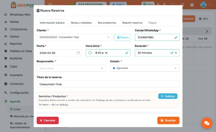 GridPOS — Modal Nueva reserva