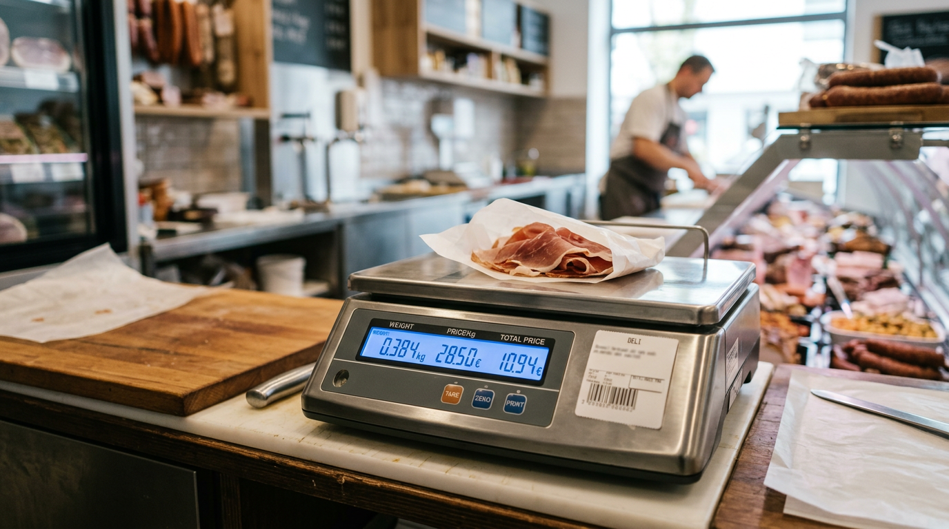 Balanza digital con etiqueta de peso en mostrador