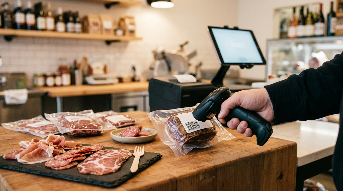 Lector de código de barras en mostrador de charcutería