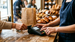 Cobro con datáfono en mostrador de pastelería