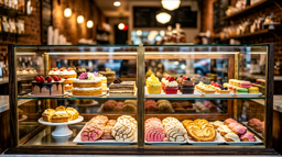 Vitrina de pastelería con tortas y pan dulce