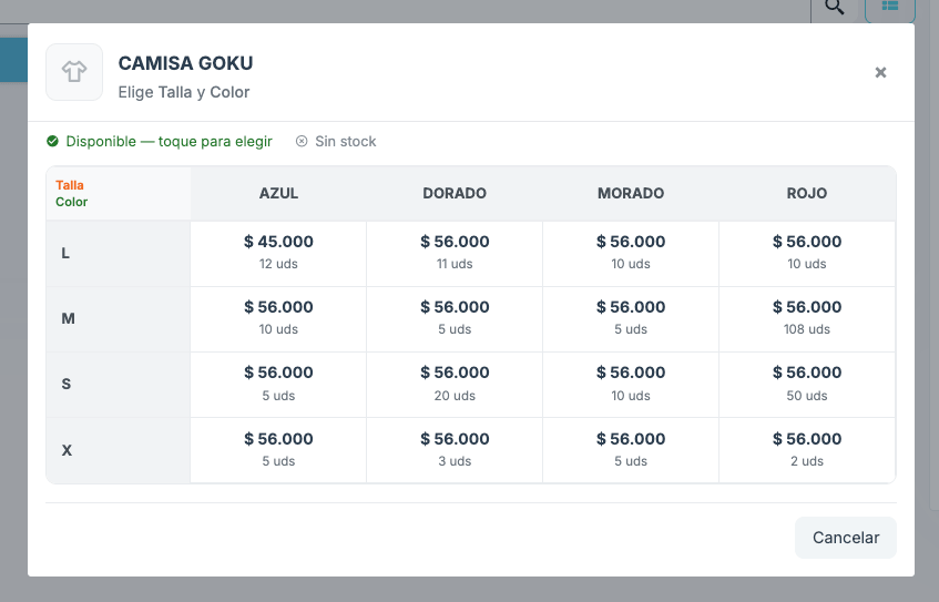 Captura de GridPOS: modal Elige Talla y Color con matriz de variantes, precios y unidades disponibles