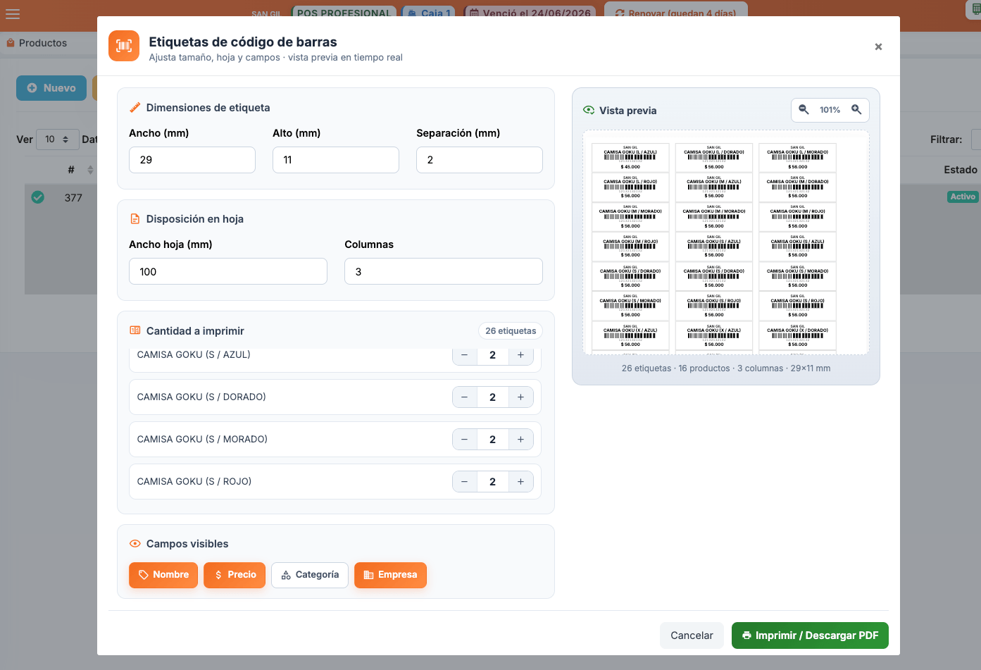 GridPOS generador de etiquetas código de barras por variante CAMISA GOKU talla color