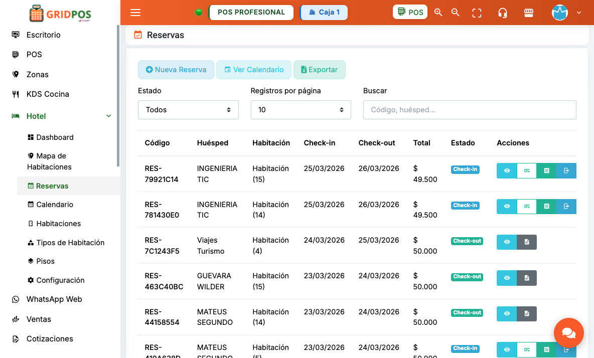 GridPOS — Listado de reservas con filtros y tabla
