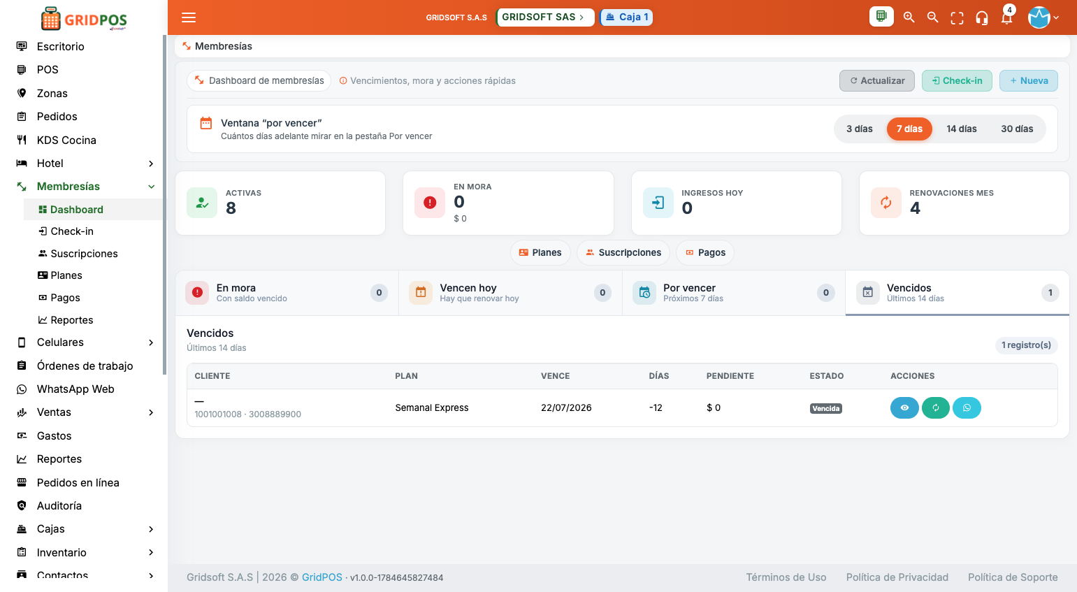 Dashboard membresías GridPOS