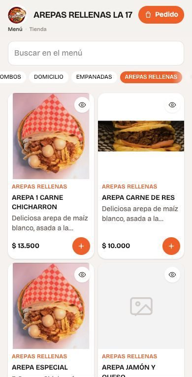 Carta digital de Arepas Rellenas La 17 en el celular, con categorías y precios