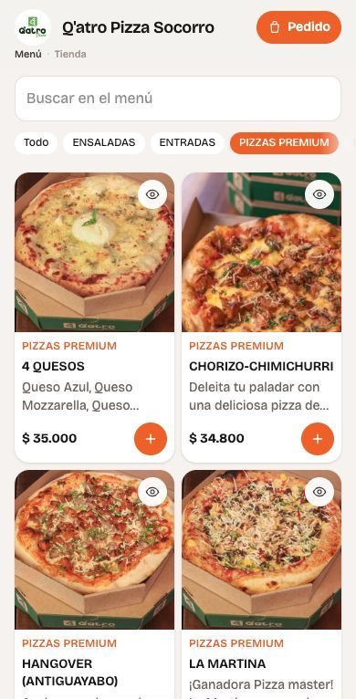 Carta digital de Qatro Pizza Socorro en el celular, con fotos de pizzas y precios