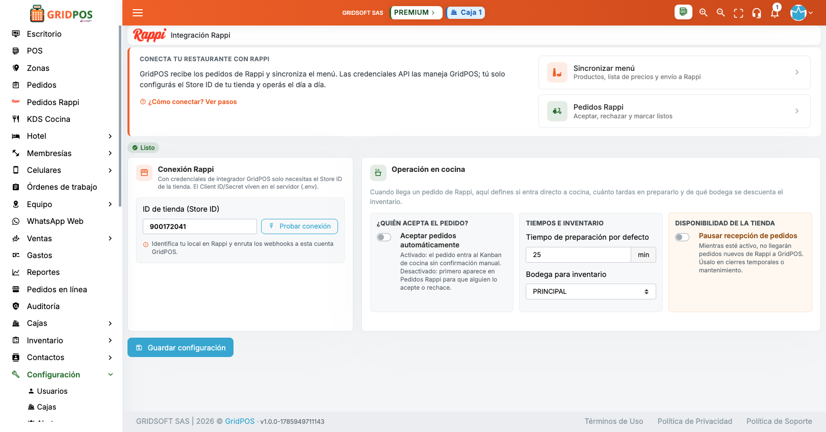 GridPOS — Configuración integración Rappi con Store ID y cocina