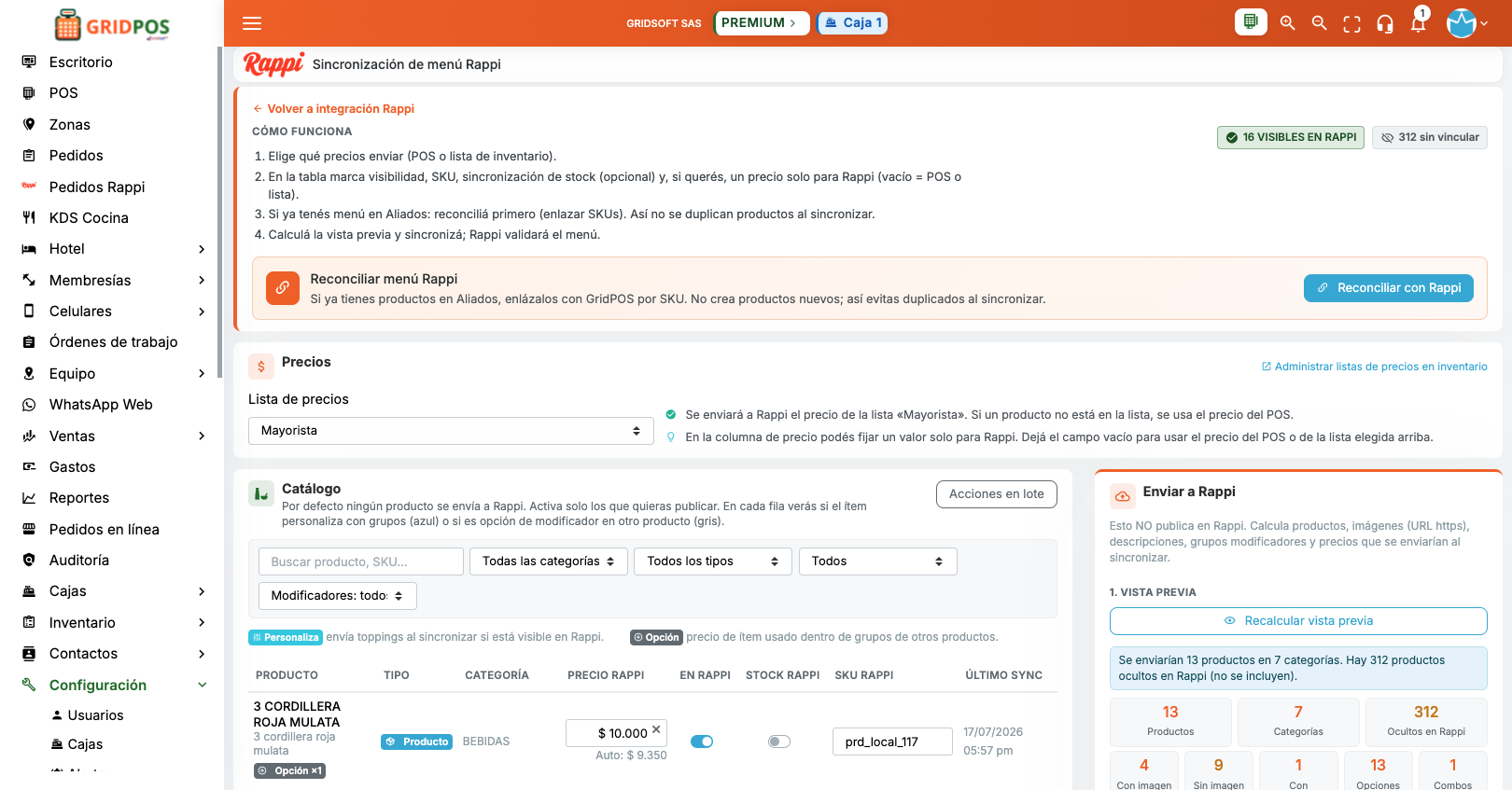 GridPOS — Sincronización de menú Rappi con catálogo y precios