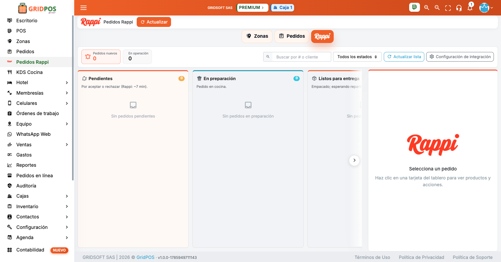 GridPOS — Pedidos Rappi en kanban: pendientes, preparación y listos