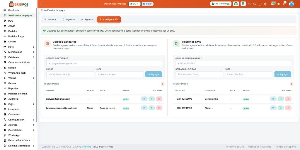 GridPOS configuración del verificador: correos bancarios y teléfonos SMS activos