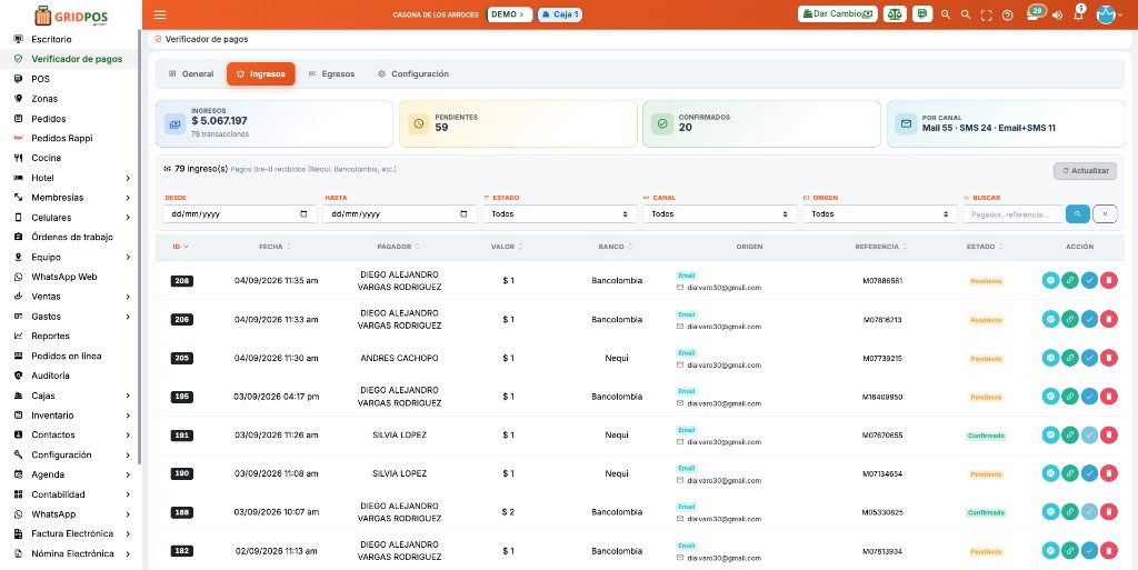 GridPOS verificador de pagos pestaña Ingresos con pagador, valor, origen y estado